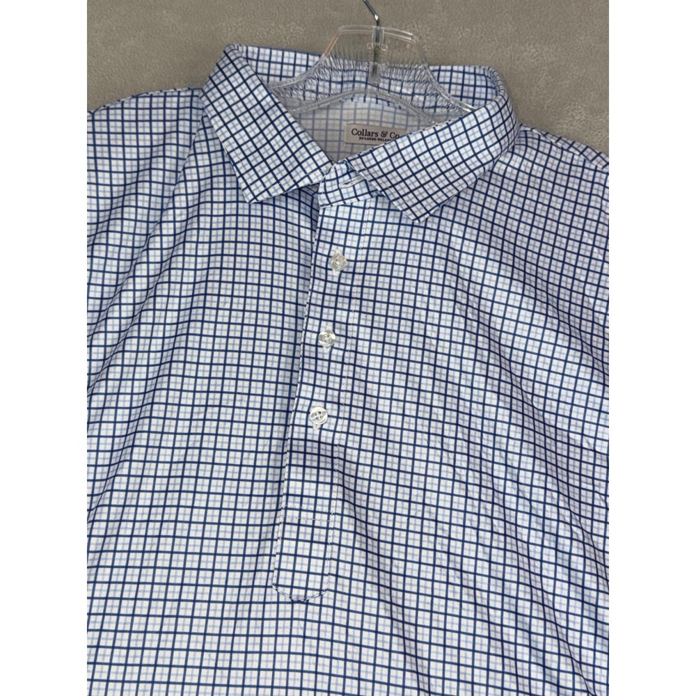 Collars & Co Mens 3XL Relaxed Fit Grid Check Dress Collar Polo Shirt Blue White